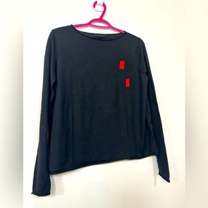 KOKOMARINA soft, thin rolled hem wool blend sweater with simple red rectangles